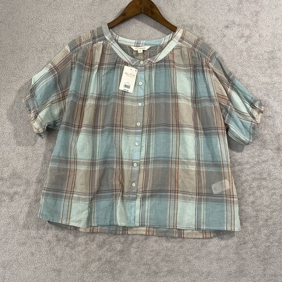 NEW Lucky Brand Womens S Cotton Plaid Smocked-S Ginger Root Plaid Sheer - Picture 2 of 9